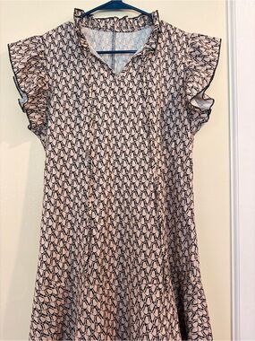 Girls Pink Geometric Ruffle Sleeve Casual Dress